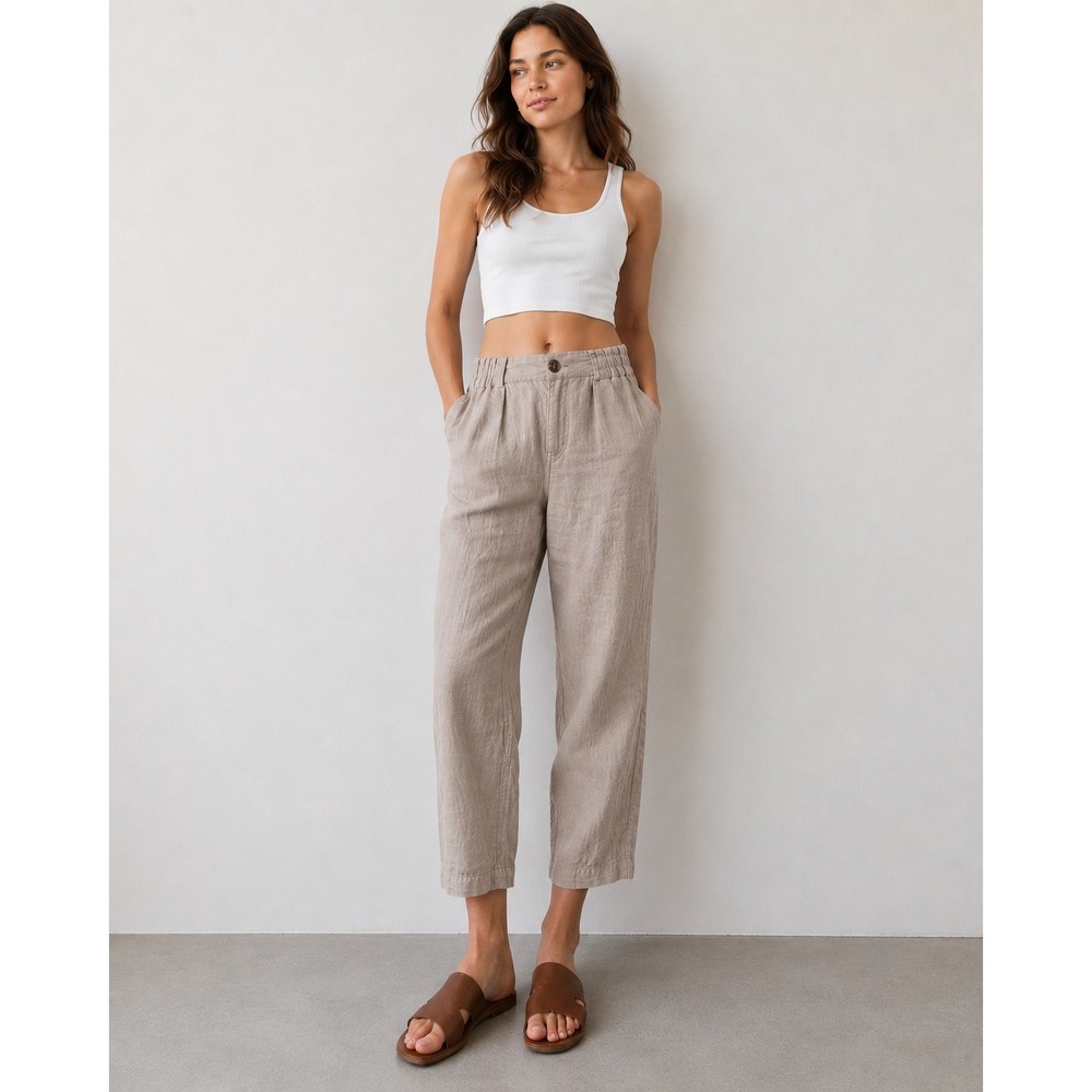 JNY Jones New York 100% Linen Cream Tan Relaxed Crop Pants Women Small Coastal